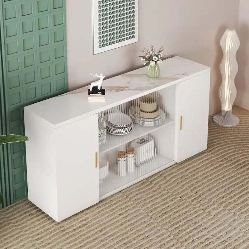 Side Cabinet with 2 Solid Doors and 1 Glass Door – E1 MDF, White / Black Brown