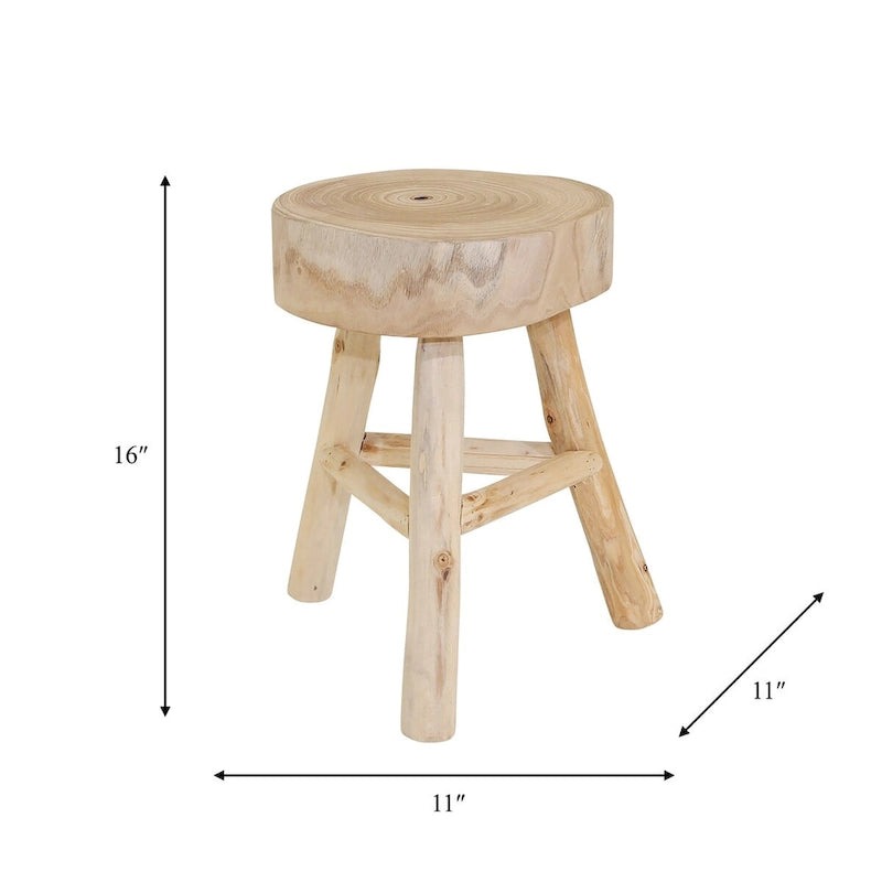 16H Wooden Stool with Live-Edge Round Top and Triangle Footrest Base, Natural Finish Perfect for Extra