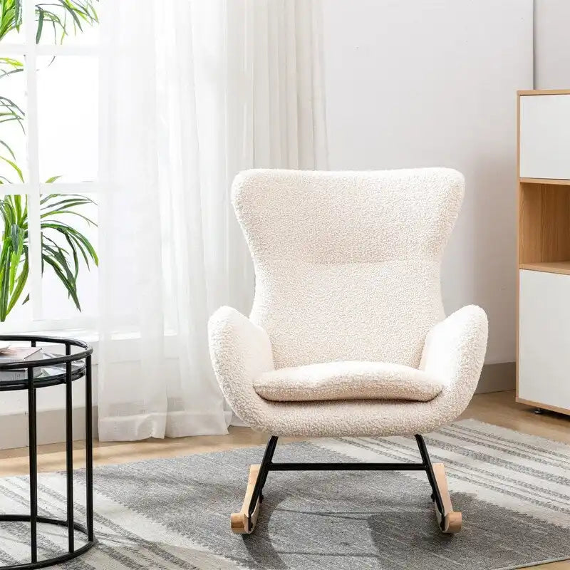 Teddy Fabric Rocking Chair with Metal Frame and Rubberwood Legs – 33"L x 26.8"W x 36.2"H