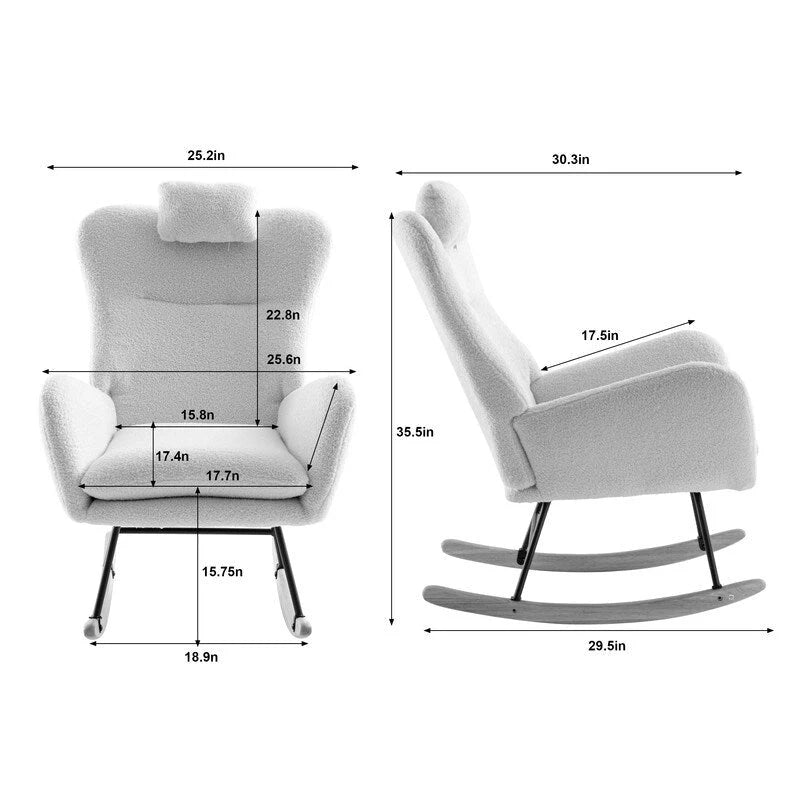 Teddy Fabric Rocking Chair with Metal Frame and Rubberwood Legs – 33"L x 26.8"W x 36.2"H