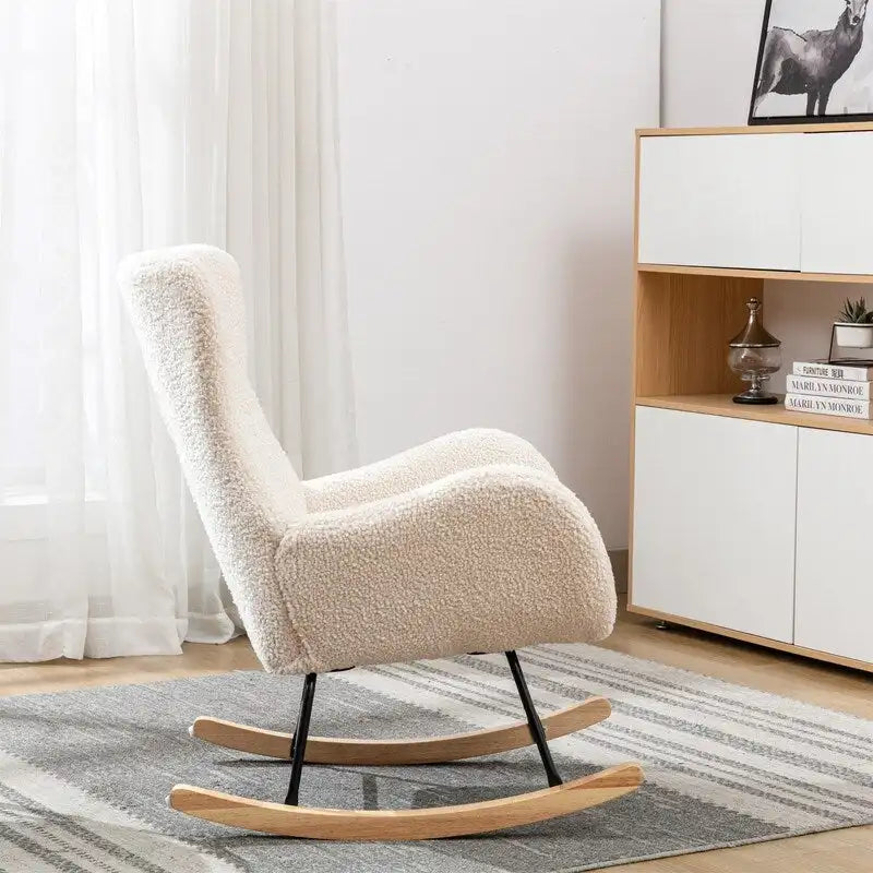Teddy Fabric Rocking Chair with Metal Frame and Rubberwood Legs – 33"L x 26.8"W x 36.2"H