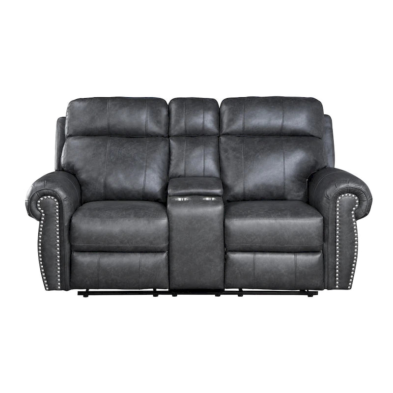Ville 75 Inch Manual Recliner Loveseat, Storage Console, Gray Faux Leather