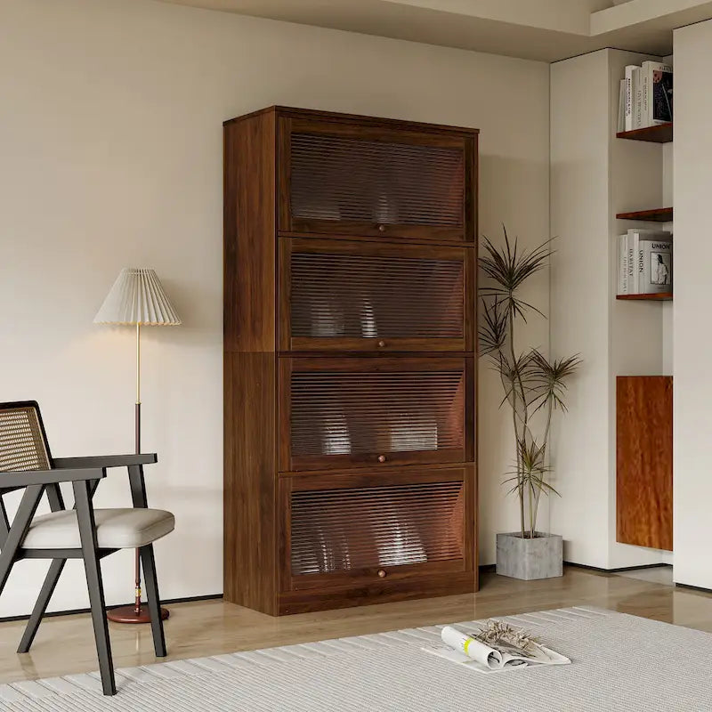 Storage Cabinet with Flip-Up Clear Glass Doors – Walnut Brown / White