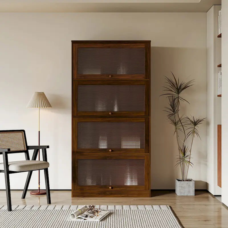Storage Cabinet with Flip-Up Clear Glass Doors – Walnut Brown / White