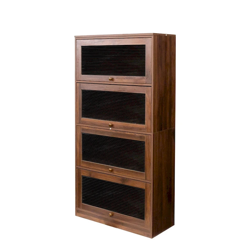 Storage Cabinet with Flip-Up Clear Glass Doors – Walnut Brown / White