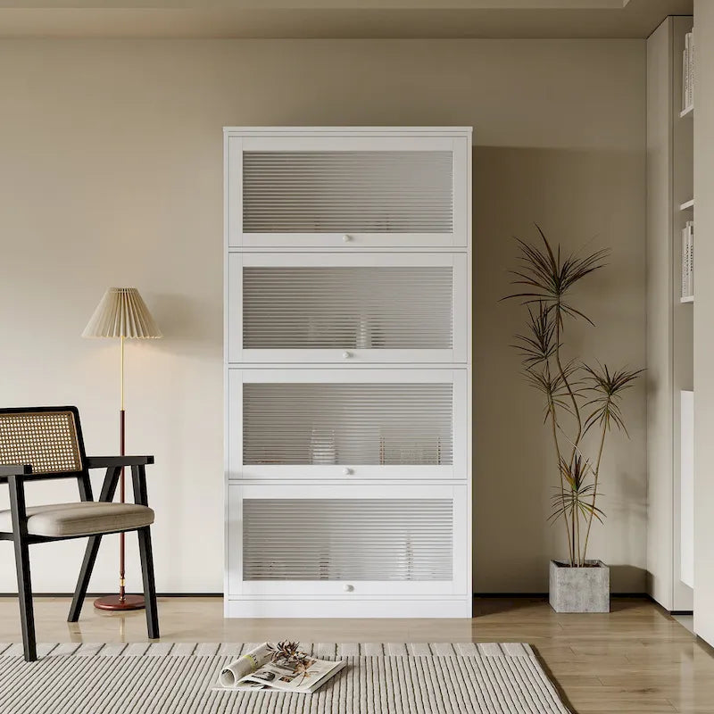Storage Cabinet with Flip-Up Clear Glass Doors – Walnut Brown / White