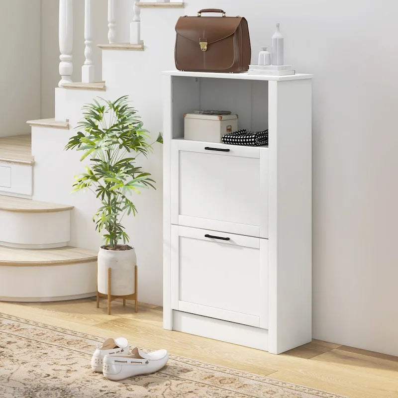Shoe Storage Cabinet with Open Shelf and 2 Flip Drawers – 22.75"W x 9.5"D x 41.25"H