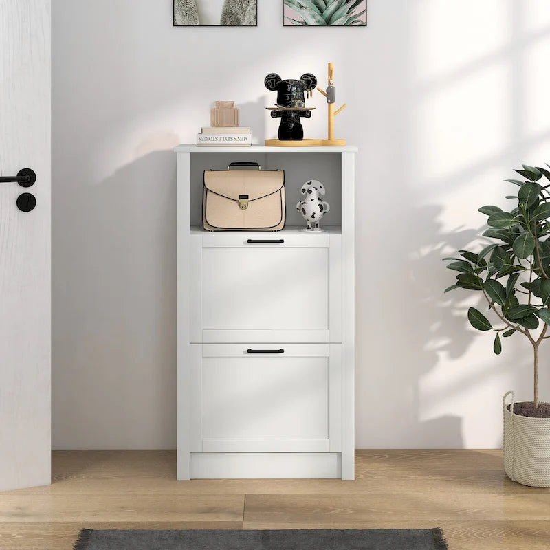 Shoe Storage Cabinet with Open Shelf and 2 Flip Drawers – 22.75"W x 9.5"D x 41.25"H