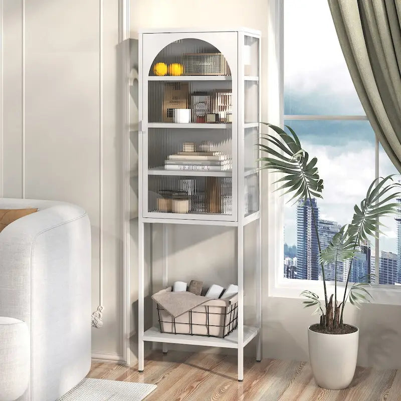 5-Tier Metal Storage Cabinet with Tempered Glass Doors and Adjustable Shelves