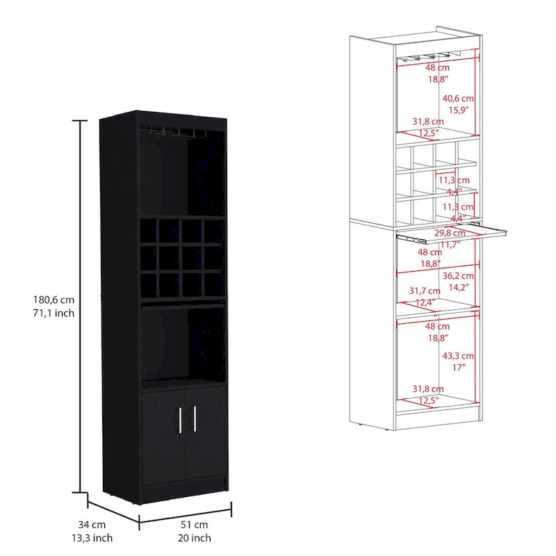 71 in. Tall Bar Cabinet with Wine Rack, Stemware Holder and 5 Shelves