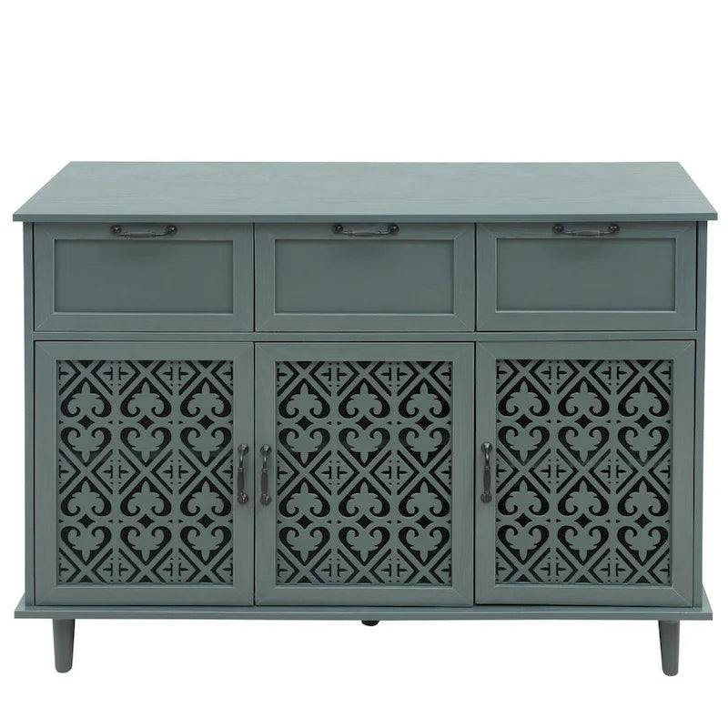 3-Door 3-Drawer Cabinet with Carved Panels, Metal Handles and Solid Wood Feet