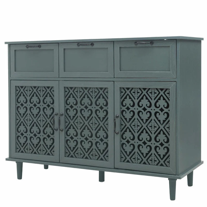 3-Door 3-Drawer Cabinet with Carved Panels, Metal Handles and Solid Wood Feet