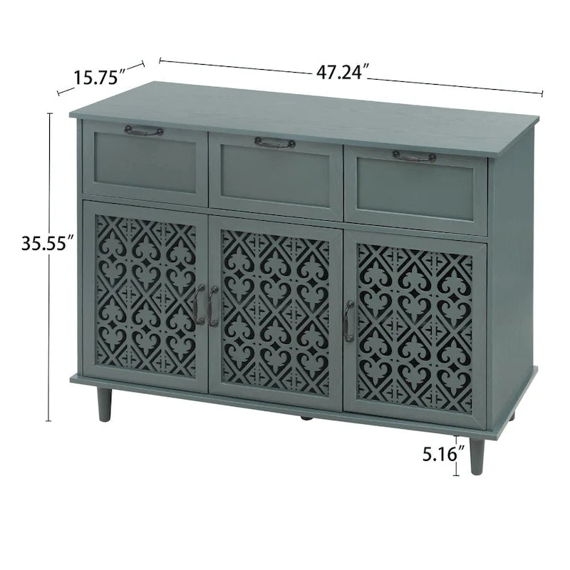 3-Door 3-Drawer Cabinet with Carved Panels, Metal Handles and Solid Wood Feet