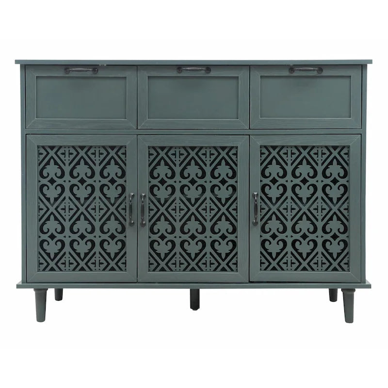 3-Door 3-Drawer Cabinet with Carved Panels, Metal Handles and Solid Wood Feet