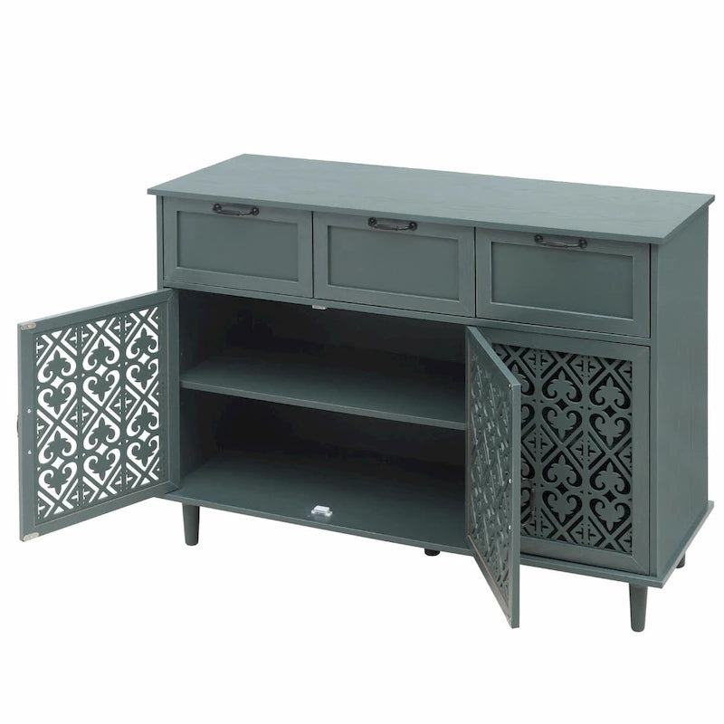 3-Door 3-Drawer Cabinet with Carved Panels, Metal Handles and Solid Wood Feet