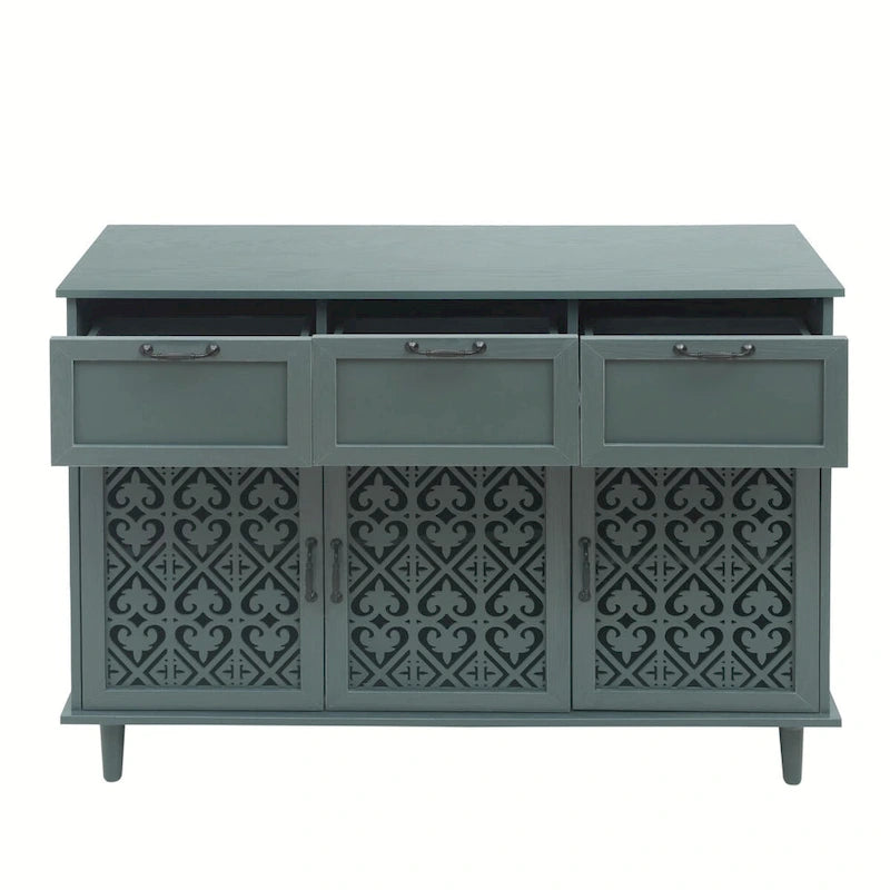3-Door 3-Drawer Cabinet with Carved Panels, Metal Handles and Solid Wood Feet
