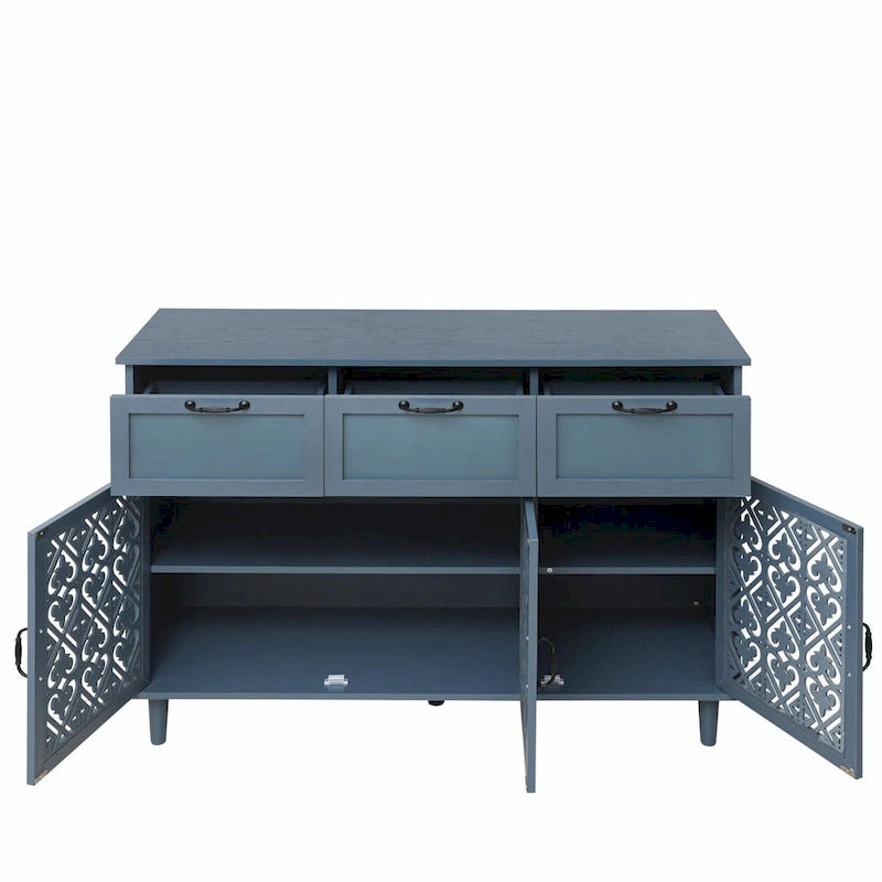 3-Door 3-Drawer Cabinet with Carved Panels, Metal Handles and Solid Wood Feet