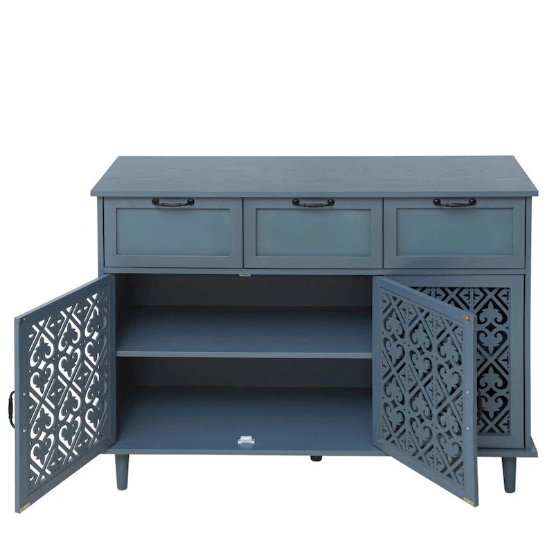 3-Door 3-Drawer Cabinet with Carved Panels, Metal Handles and Solid Wood Feet