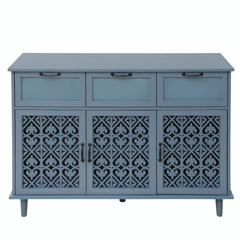 3-Door 3-Drawer Cabinet with Carved Panels, Metal Handles and Solid Wood Feet