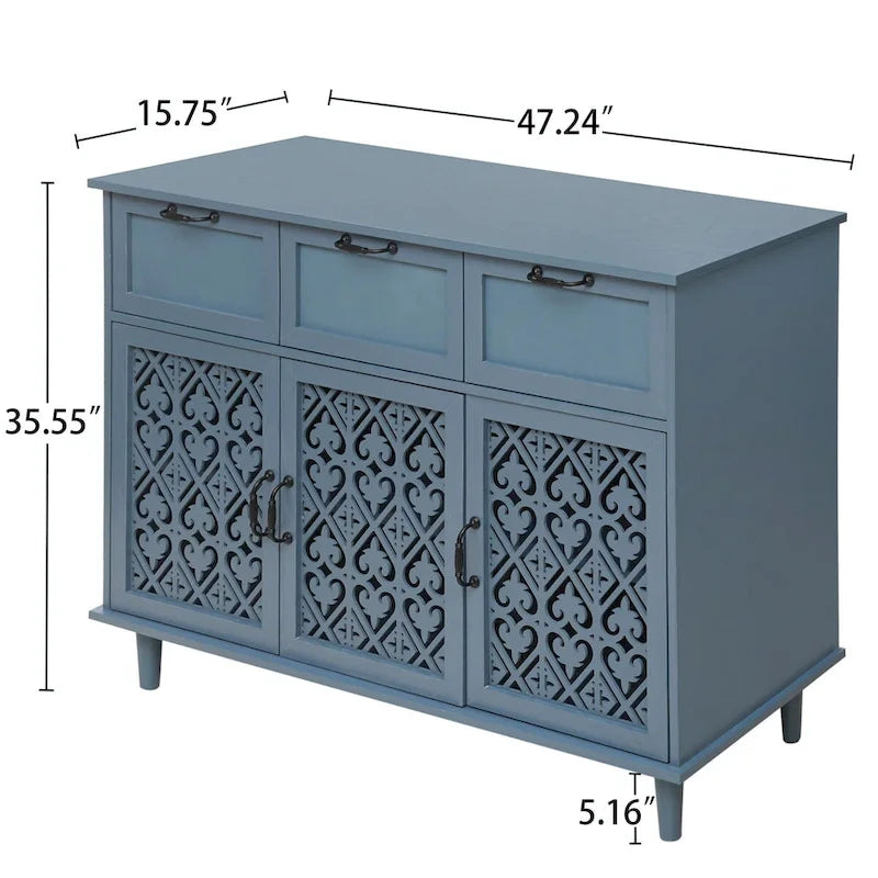 3-Door 3-Drawer Cabinet with Carved Panels, Metal Handles and Solid Wood Feet