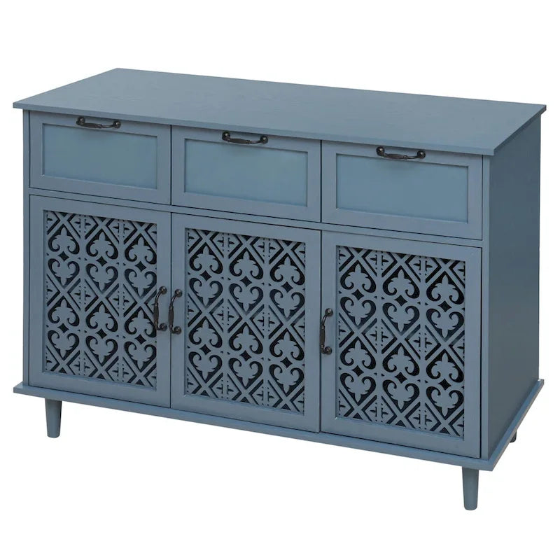 3-Door 3-Drawer Cabinet with Carved Panels, Metal Handles and Solid Wood Feet