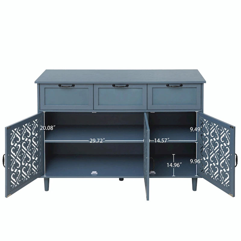 3-Door 3-Drawer Cabinet with Carved Panels, Metal Handles and Solid Wood Feet