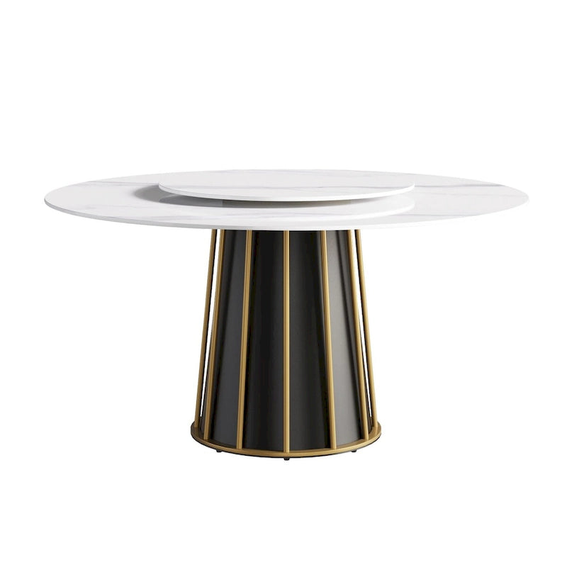 59 White Round Dining Table with Lazy Susan, Sintered Stone Tabletop - N/A