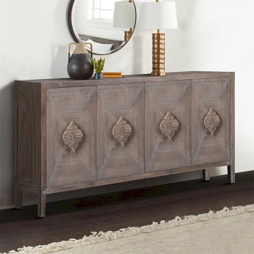 4-Door Cabinet with Carved Flower Handles and Adjustable Shelf – MDF with Pine Veneer, Antique Brown