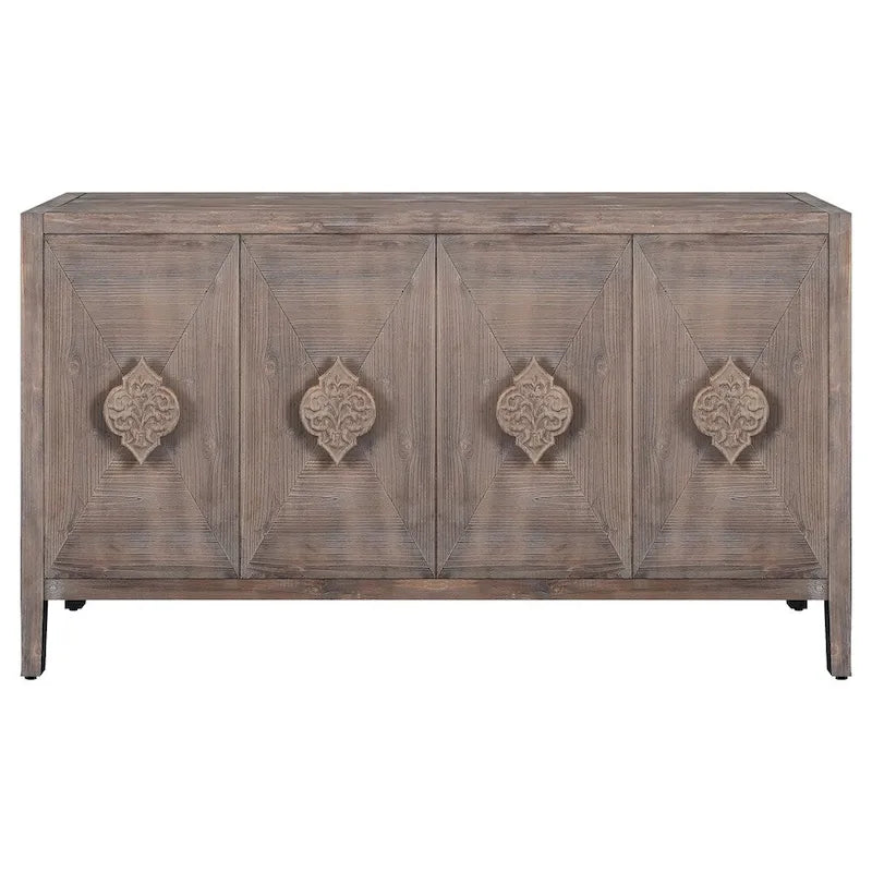 4-Door Cabinet with Carved Flower Handles and Adjustable Shelf – MDF with Pine Veneer, Antique Brown