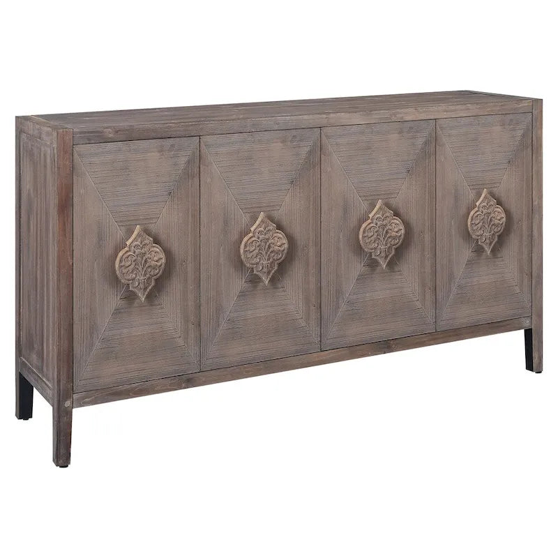 4-Door Cabinet with Carved Flower Handles and Adjustable Shelf – MDF with Pine Veneer, Antique Brown