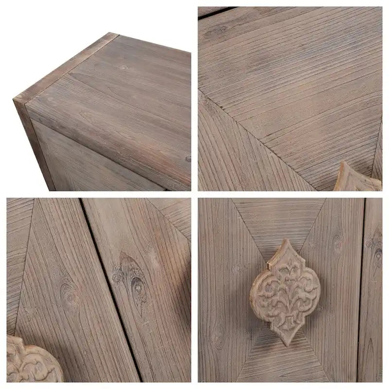 4-Door Cabinet with Carved Flower Handles and Adjustable Shelf – MDF with Pine Veneer, Antique Brown