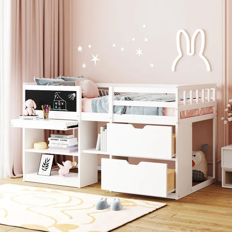 Twin Size Low Loft Bed with Rolling Desk, Shelf and Drawers