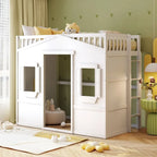 Twin Size Wooden House Loft Bed With Ladder