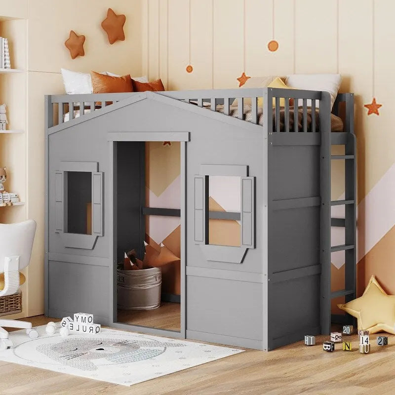 Twin Size Wooden House Loft Bed With Ladder