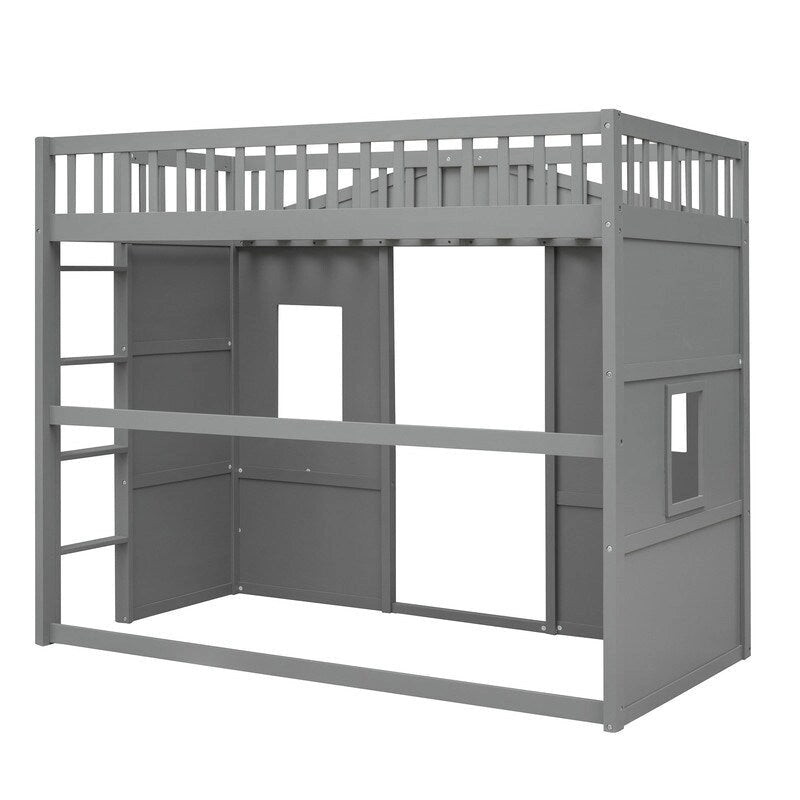 Twin Size Wooden House Loft Bed With Ladder