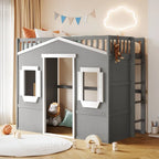Twin Size Wooden House Loft Bed With Ladder