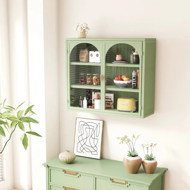 Modern Two-Door Wall Cabinet with Glass Doors and Three-Tier Storage – Woven Pattern, 27.56"W