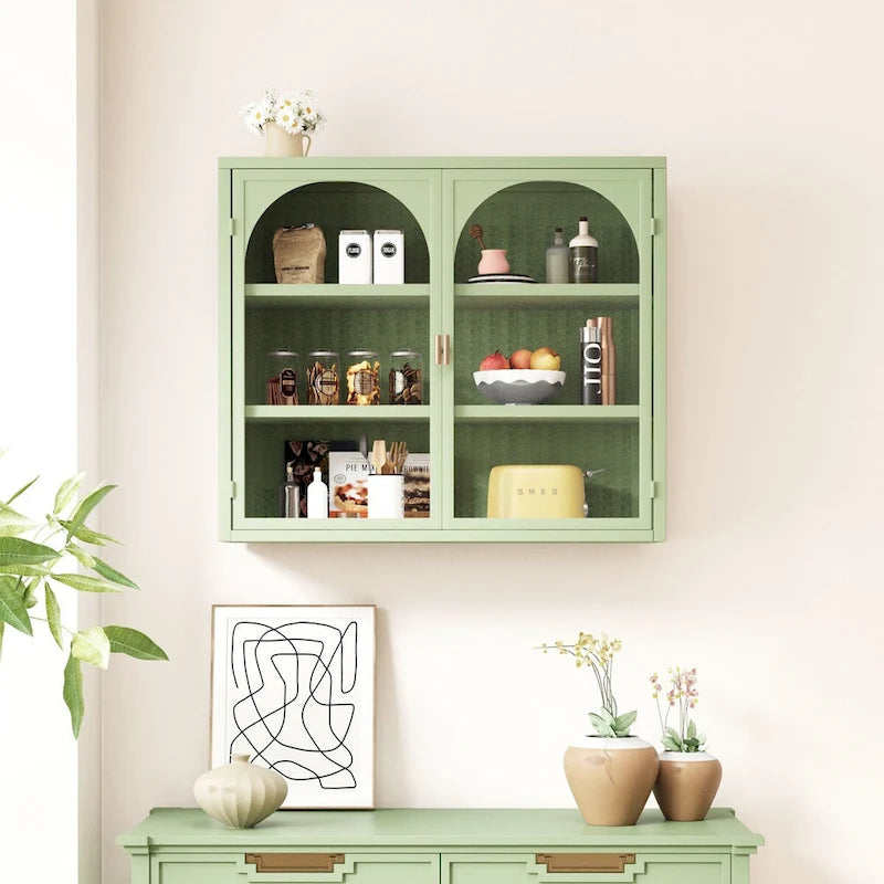 Modern Two-Door Wall Cabinet with Glass Doors and Three-Tier Storage – Woven Pattern, 27.56"W