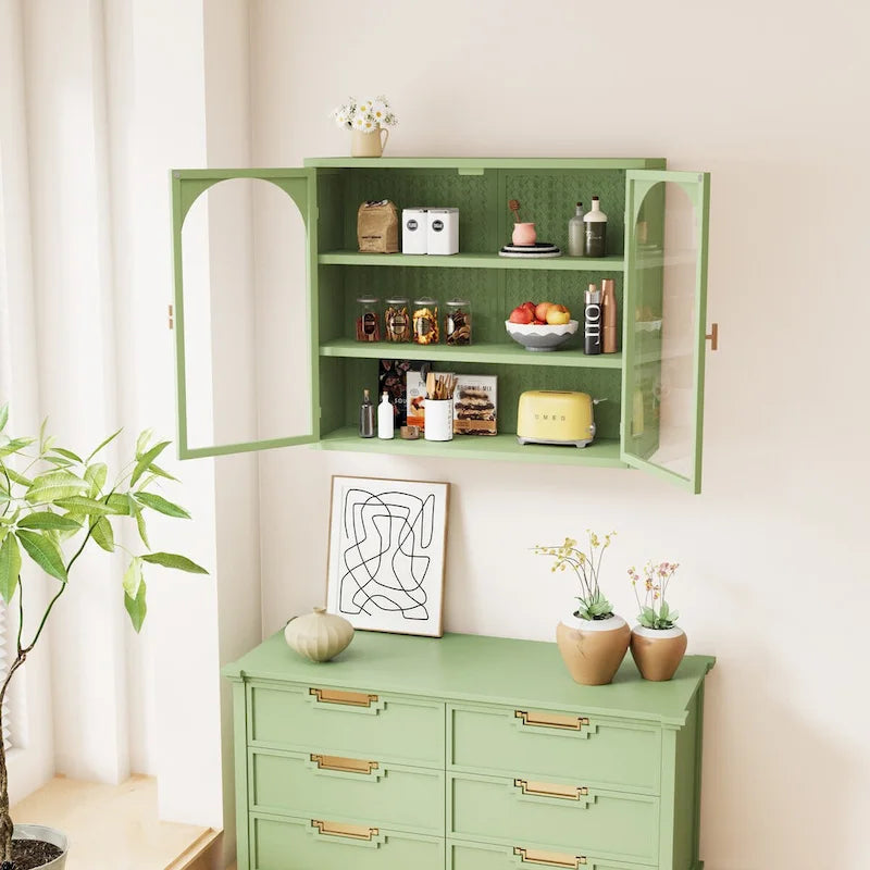 Modern Two-Door Wall Cabinet with Glass Doors and Three-Tier Storage – Woven Pattern, 27.56"W