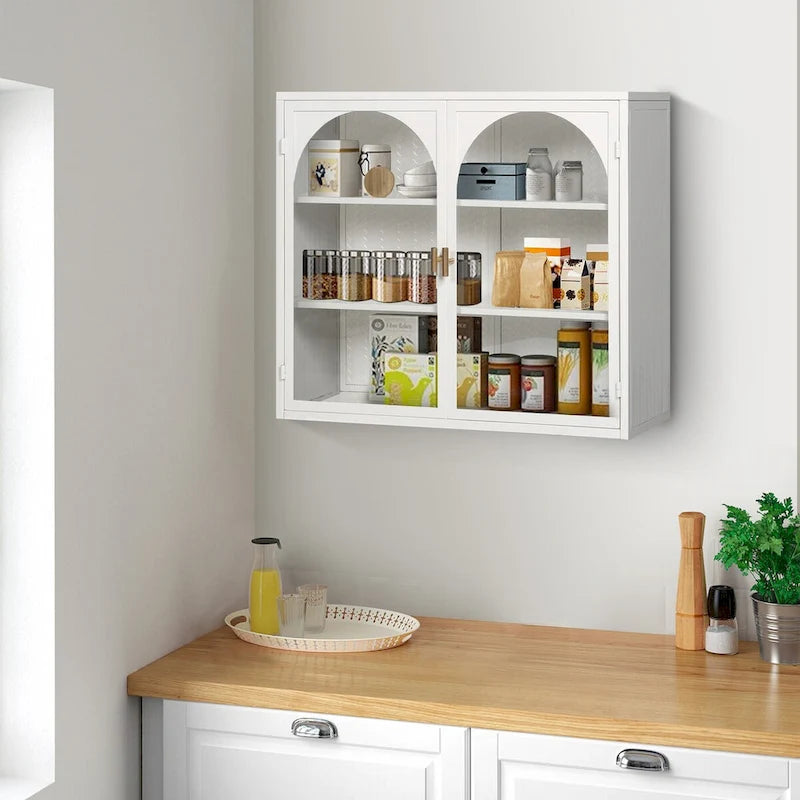 Modern Two-Door Wall Cabinet with Glass Doors and Three-Tier Storage – Woven Pattern, 27.56"W