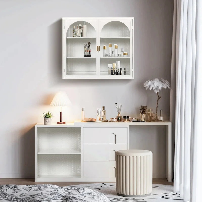 Modern Two-Door Wall Cabinet with Glass Doors and Three-Tier Storage – Woven Pattern, 27.56"W