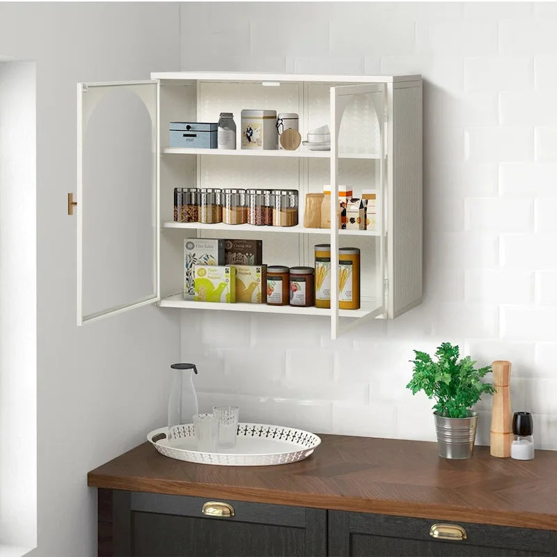 Modern Two-Door Wall Cabinet with Glass Doors and Three-Tier Storage – Woven Pattern, 27.56"W