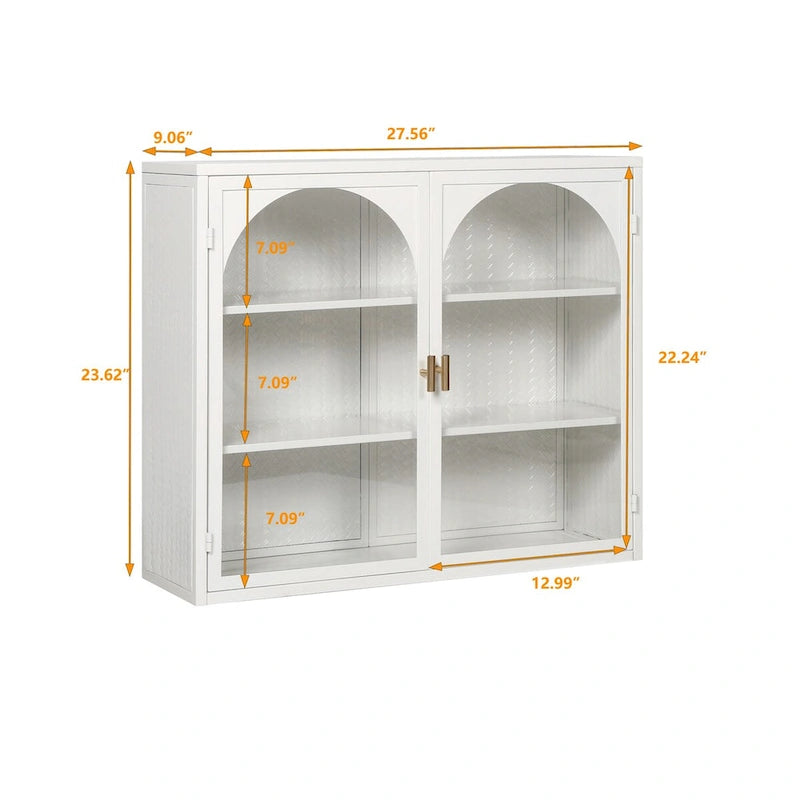 Modern Two-Door Wall Cabinet with Glass Doors and Three-Tier Storage – Woven Pattern, 27.56"W