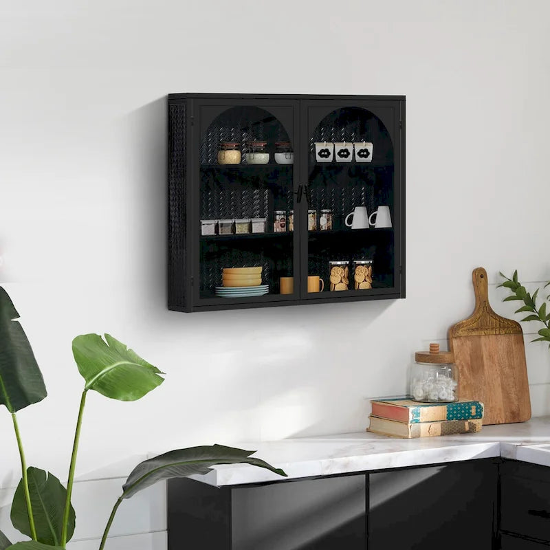 Modern Two-Door Wall Cabinet with Glass Doors and Three-Tier Storage – Woven Pattern, 27.56"W