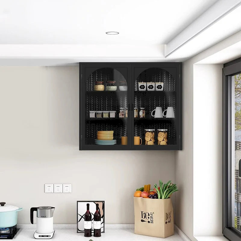 Modern Two-Door Wall Cabinet with Glass Doors and Three-Tier Storage – Woven Pattern, 27.56"W