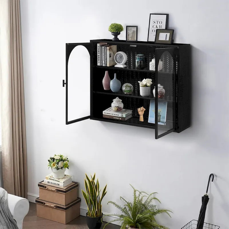 Modern Two-Door Wall Cabinet with Glass Doors and Three-Tier Storage – Woven Pattern, 27.56"W