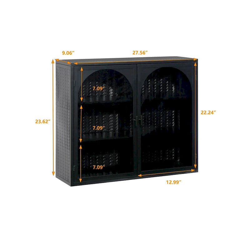Modern Two-Door Wall Cabinet with Glass Doors and Three-Tier Storage – Woven Pattern, 27.56"W