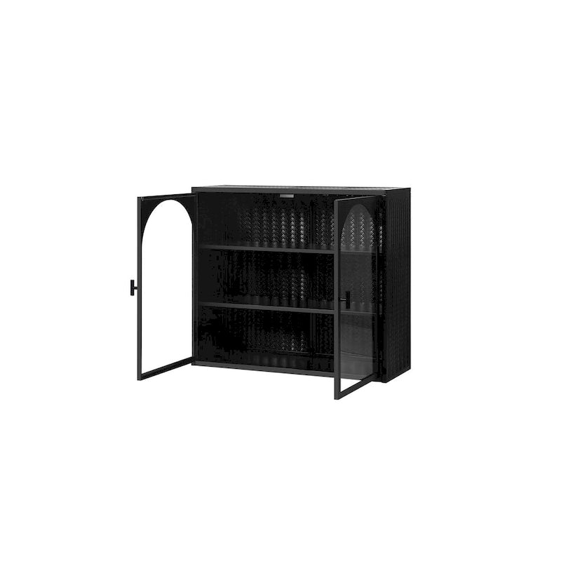 Modern Two-Door Wall Cabinet with Glass Doors and Three-Tier Storage – Woven Pattern, 27.56"W