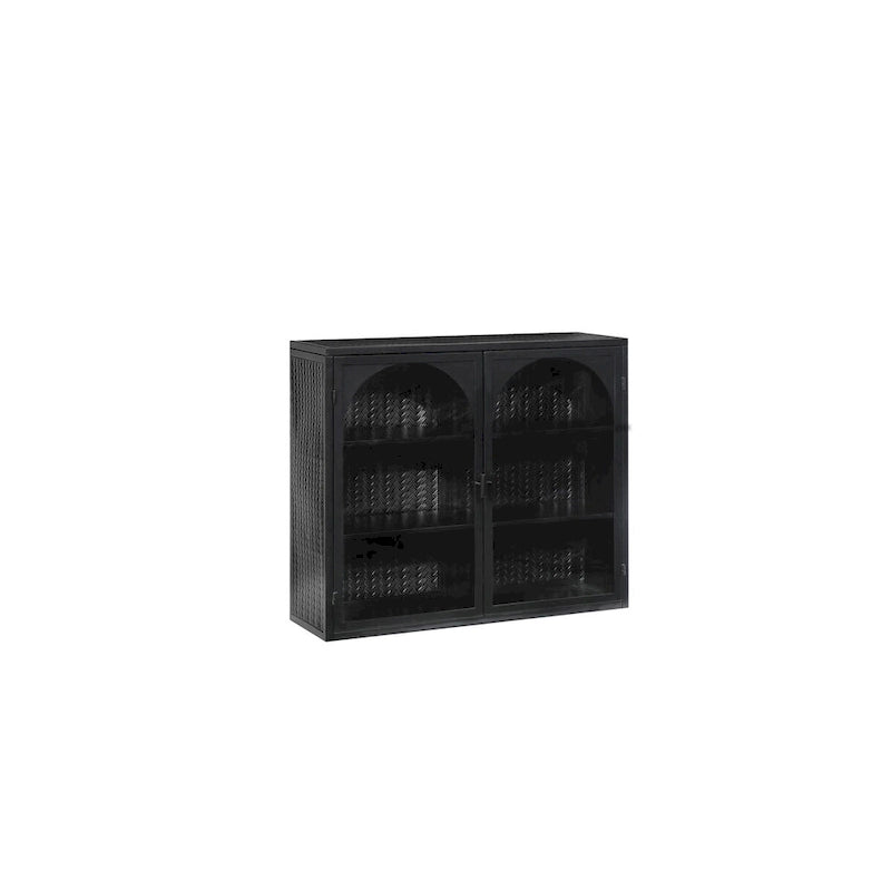 Modern Two-Door Wall Cabinet with Glass Doors and Three-Tier Storage – Woven Pattern, 27.56"W