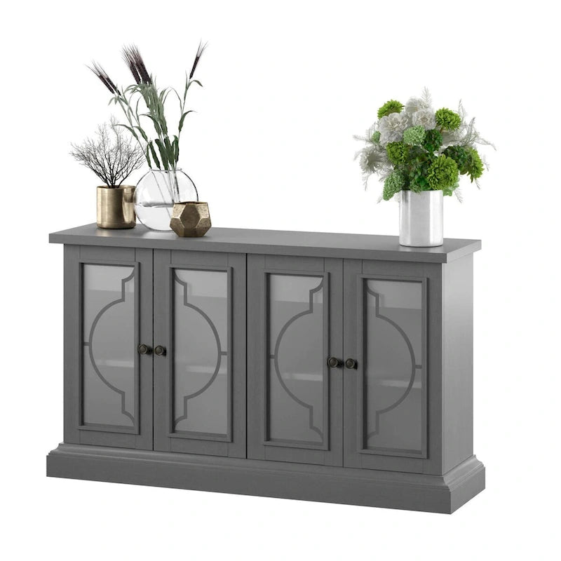 Sideboard with Frosted Glass Doors, 2 Interior Drawers and Adjustable Shelves – Antique Gray